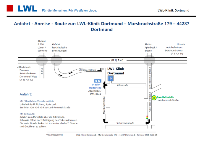 Anreiseskizze zur LWL-Klinik Dortmund.